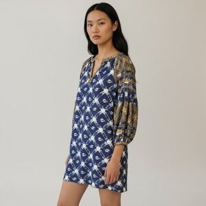 Ivy Jane Size XS Linen Blend Ballon Embroidered Sleeves Baltic Print Tunic Dress